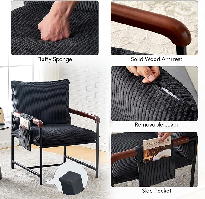 CLIPOP Accent Chair with Corduroy Fabric, Wood Armrests, Removable Cover, Side Pocket, Comfortable Armchair for Living Room & Bedroom, Durable Comfy Reading Chair for Home Office, Black
