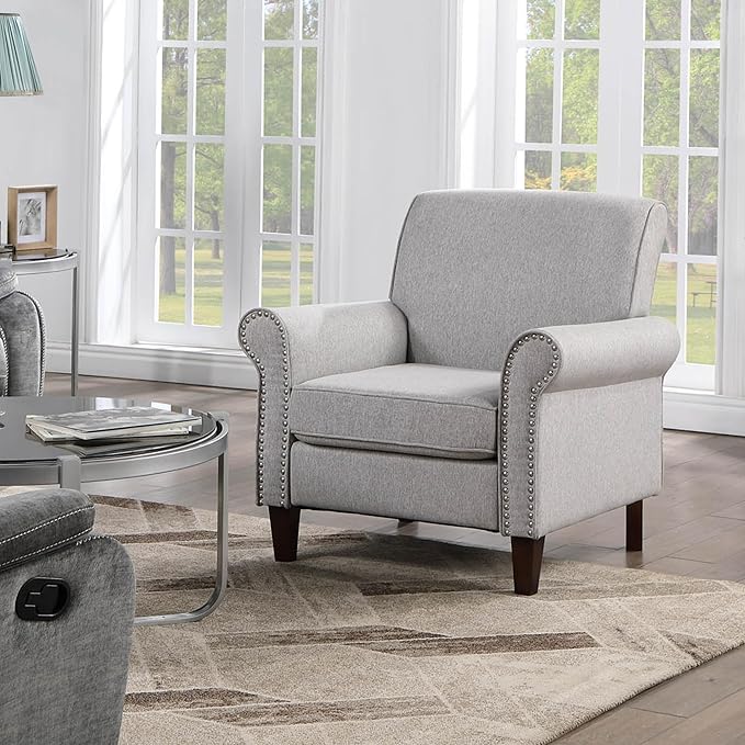 Prilinex Upholstered Living Room Chair - Large Comfy Fabric Accent Chair Single Sofa with Cushion, Rolled Armrest & Nailhead Trim, Mid Century Modern Armchair for Bedroom, Office, Grey