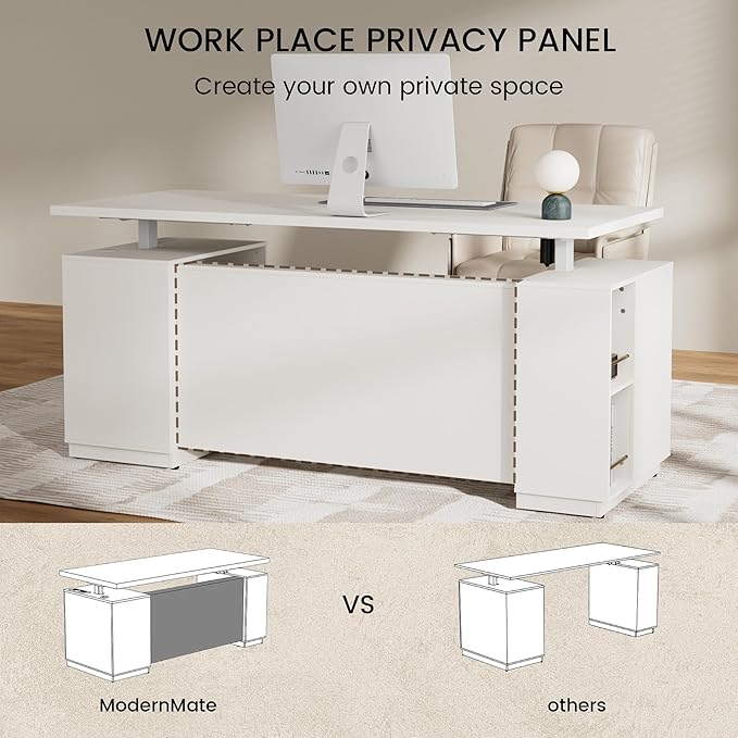 71" Executive Desk with Storage & Privacy Panel, Electric Adjustable Height Standing Desk for Home Office, 1.18" Desktop, Built-in Charging Station,White Rattan