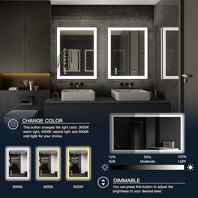 ISKM Framed LED Mirror for Bathroom 44"x30", Dimmable LED Bathroom Mirror with Lights, Anti-Fog, Front and Backlit Lighted Mirror 3-Colors, Shatterproof, Memory Function