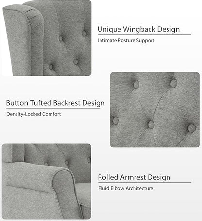 Lumibee High Back Accent Chair,Upholstered Wingback Armchair with Solid Wood Legs for Small Spaces,Comfy Single Sofa Chair for Living Room,Bedroom,Office-Light Gray