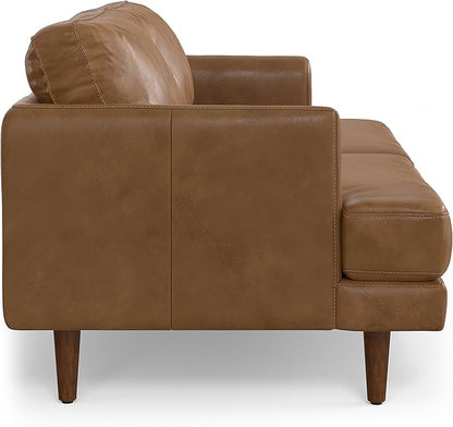 SIMPLIHOME Livingston 76-inch Wide Sofa in Caramel Brown Top Grain Genuine Leather, Handcrafted Mid-Century Modern Loveseat for Living Room, Compact 2-Seater with Feather-Wrapped Cushions