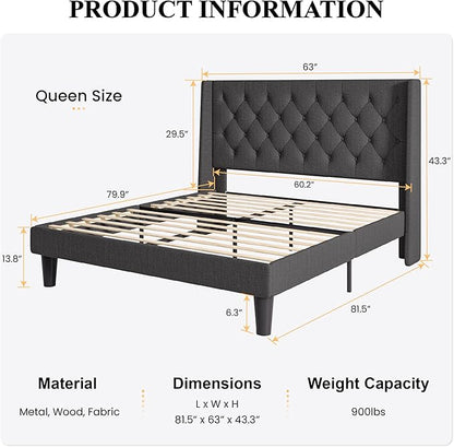 SHA CERLIN Queen Size Platform Bed Frame with Upholstered Headboard and Wingback, Button Tufted Design, Easy Assembly, No Box Spring Needed, Dark Grey