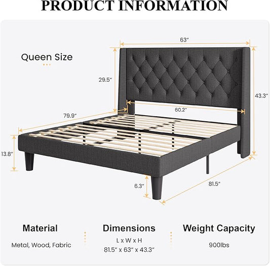SHA CERLIN Queen Size Platform Bed Frame with Upholstered Headboard and Wingback, Button Tufted Design, Easy Assembly, No Box Spring Needed, Dark Grey