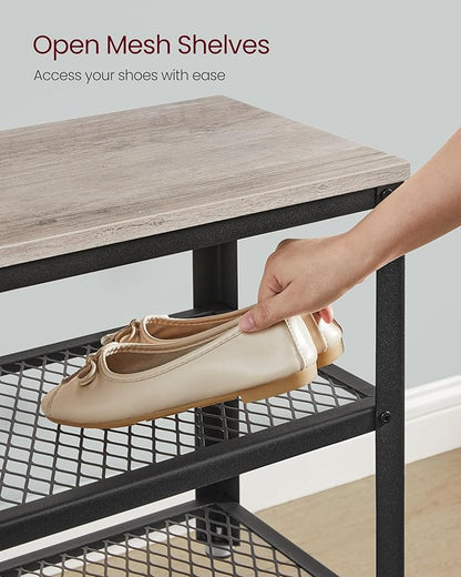 VASAGLE, 3-Tier Shoe Rack, Shelf Storage Bench with Metal Mesh Shelves and Seat, Free Standing Shoe Organizer for Entryway, 11.8 x 39.4 x 17.7 Inches, Greige and Black ULBS078K01