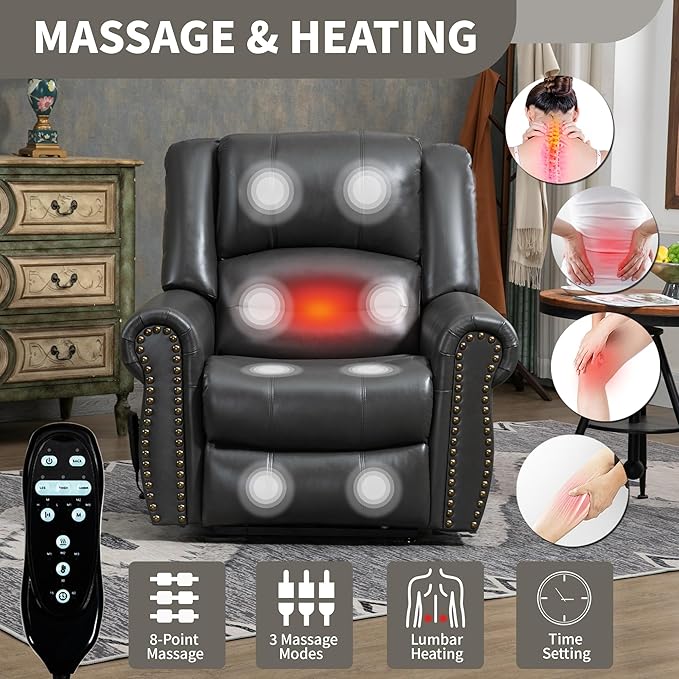 Recliner Chairs for Adults, Oversized Bedroom Chair with Massage, Sofa Chair Home Theater Seating with Lumbar Support, Lift Chair for Elderly, Nursery Chair for Living Room (Breathable Leather)