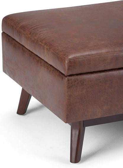 SIMPLIHOME Owen 34 inch Wide Mid Century Modern Rectangle Coffee Table Storage Ottoman in Distressed Saddle Brown Vegan Faux Leather, Assembled, For the Living Room, Entryway and Family Room