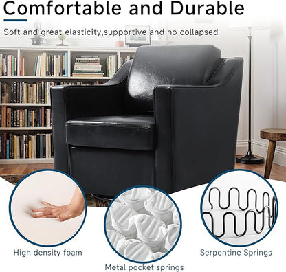 Pia Ricco 360° Swivel Accent Chair, Oversized Modern Faux Leather Armchair with Removable Cover for Living Room and Reception,Black