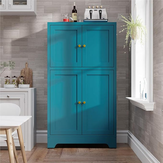Bathroom Floor Storage Cabinet,Metal Accent Cabinets with 4 Doors and 2 Adjustable Shelves,Blue Storage Cabinets Organizer for Pantry Kitchen,Living Room,Hallway, Restroom