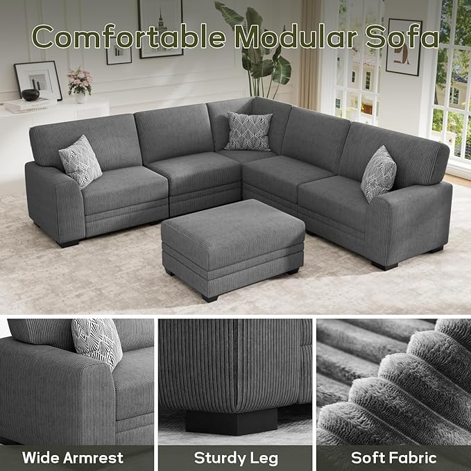 Wanderwell Oversized Modular Sectional Sofa, 6-Seater U Shaped Couches with Movable Ottoman,Corduroy Sectional Couch with Wide and Deep Seats Suitable for Living Room,Bedroom,Apartment (Grey, L-6)