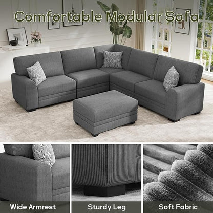 Wanderwell Oversized Modular Sectional Sofa, 6-Seater U Shaped Couches with Movable Ottoman,Corduroy Sectional Couch with Wide and Deep Seats Suitable for Living Room,Bedroom,Apartment (Grey, L-6)