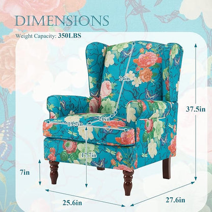 MELLCOM Floral Accent Chair, High Back Upholstered Armchair with Solid Legs, Leisure Single Sofa Chair for Living Room, Bedroom, Home Office, Teal Floral