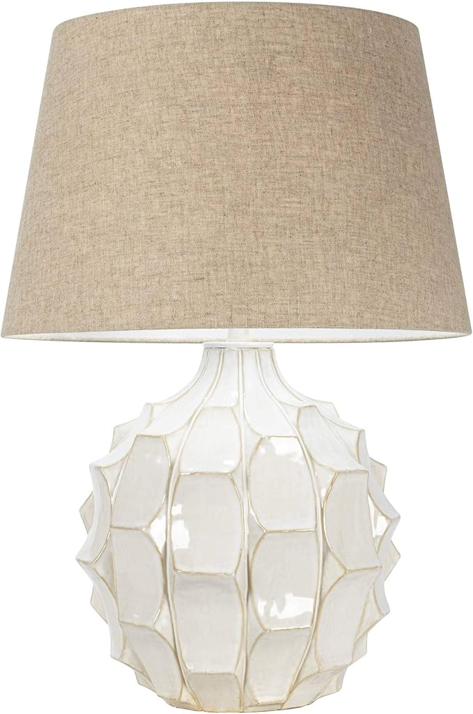 Possini Euro Design Cosgrove Mid Century Modern 3-Way Table Lamp with Table Top Dimmer 26.5" High White Glazed Ceramic Light Brown Linen Drum Shade for Living Room Bedroom House Bedside Nightstand