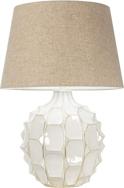 Possini Euro Design Cosgrove Mid Century Modern 3-Way Table Lamp with Table Top Dimmer 26.5" High White Glazed Ceramic Light Brown Linen Drum Shade for Living Room Bedroom House Bedside Nightstand