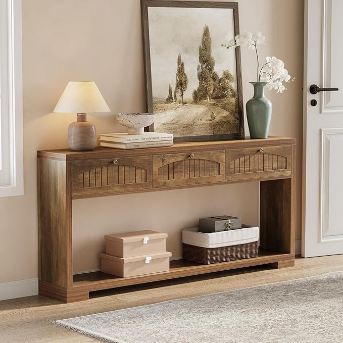 LITTLE TREE 70.8-Inch Long Console Table with 3 Drawers, Farmhouse Narrow Entryway Table for Hallway, Entry, Behind Couch, Sofa, Entrance, Living Room, Foyer with Open Shelves Rustic Brown