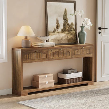 LITTLE TREE 70.8-Inch Long Console Table with 3 Drawers, Farmhouse Narrow Entryway Table for Hallway, Entry, Behind Couch, Sofa, Entrance, Living Room, Foyer with Open Shelves Rustic Brown