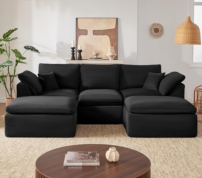 112" Cloud Sectional Couch, Boneless Couches for Living Room, U Shaped Couch with Convertible Ottoman, Modular Sectional Sofa with Deep Seat, Comfy Soft Cushions, No Assembly, Black