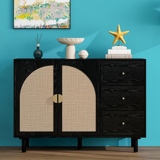 Black 2 Door 3 Drawer Rattan Cabinet, Accent Storage Cabinets with Cane Door, Stylish Boho Buffet Table with Storage,Black Rattan Cabinet Wood Credenza for Dining Room,Bathroom,Study,Kitchen
