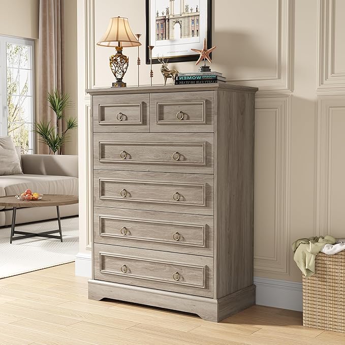 Maupvit 6 Drawers Dresser, Vintage Design Wood Rustic Chest of Drawers with Natural Texture, Sturdy & Durable Farmhouse Dresser, Ideal Storage Dressers for Living Room