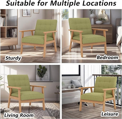Modern Accent Chair with Wooden Table, Upholstered Linen Fabric Leisure Side Chair with Arm Rest and Wooden Frame for Living Room, Bedroom Reading (Green)