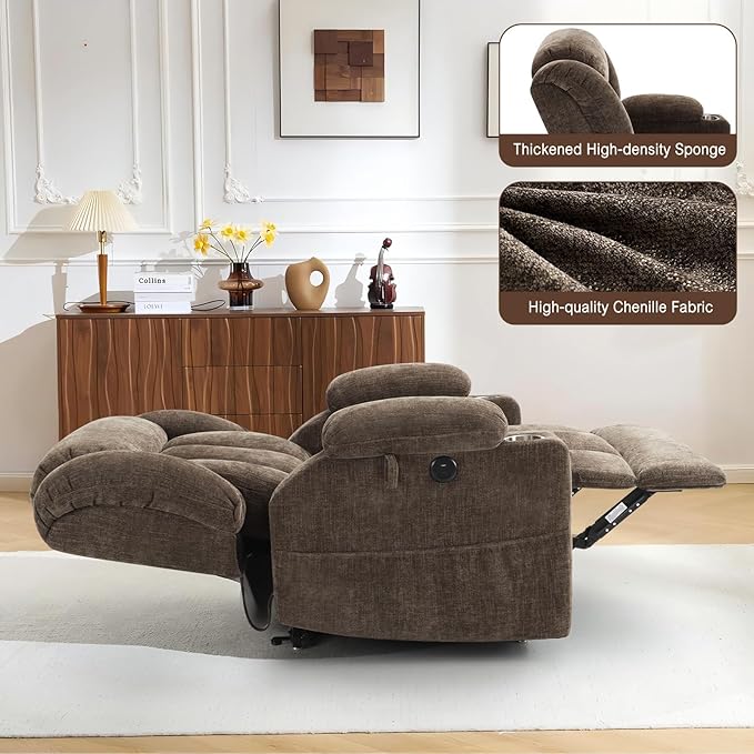 Dual Motor Lift Recliner Chair - Durable Heavy Duty Steel Mechanism Chenille Fabric High-Density Sponge, USB & Type-C Port Brown Standing Assistance Reclining Chair