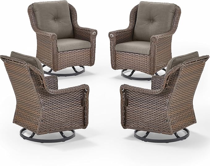 Patio Chairs Outdoor Swivel Glider - Set of 4 High Back Outside Brown Wicker Rattan Rocking Chair with Thick Cushion for Porch Apartment Deck Yard Poolside Garden - Grey
