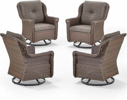 Patio Chairs Outdoor Swivel Glider - Set of 4 High Back Outside Brown Wicker Rattan Rocking Chair with Thick Cushion for Porch Apartment Deck Yard Poolside Garden - Grey