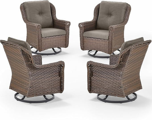 Patio Chairs Outdoor Swivel Glider - Set of 4 High Back Outside Brown Wicker Rattan Rocking Chair with Thick Cushion for Porch Apartment Deck Yard Poolside Garden - Grey