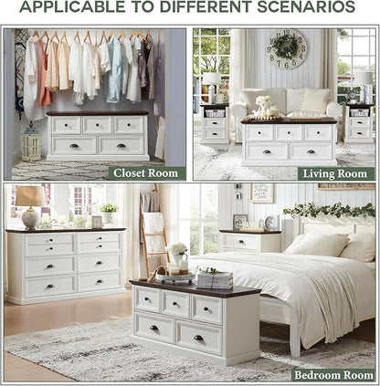 Farmhouse 5 Drawers Dresser for Bedroom, 45" Wide Chest of Drawers, 21" Tall Storage Closet Bench Storage Chest Storage Trunk, Wood Rustic Dresser for Closet, Living Room, Hallway, White