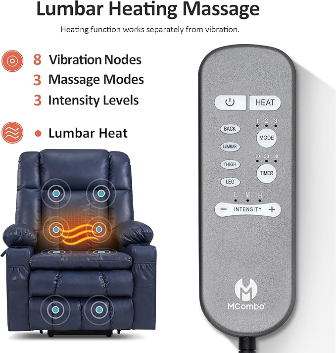 MCombo Dual Motor Large Power Lift Recliner Chair for Elderly, Lay Flat Lift Chair with Heat and Massage, Big Lift Recliner for Tall People, Faux Leather 7896 (Blue, Large)