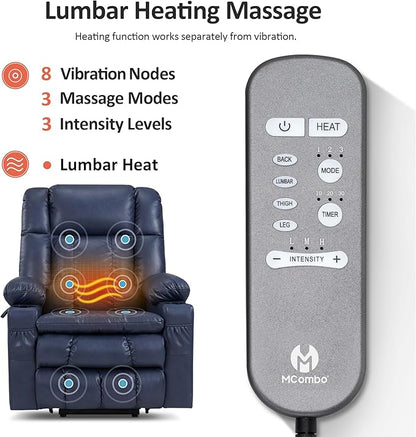 MCombo Dual Motor Large Power Lift Recliner Chair for Elderly, Lay Flat Lift Chair with Heat and Massage, Big Lift Recliner for Tall People, Faux Leather 7896 (Blue, Large)