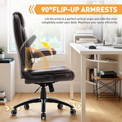 Ergonomic PU Leather Office Chair with Flip-Up Armrests, Reclining Backrest, Adjustable Height & Tilt Tension, Thick Padded Seat, Breathable Leather, 300LBS Capacity Executive Desk Chair,Brown