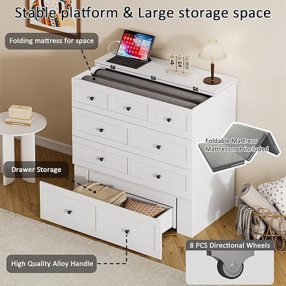 Twin Murphy Bed with Built-in Charging Station, Space-Saving Murphy Bed Chest Twin with Drawer, Foldable, for Home Office Guest Room Bedroom White