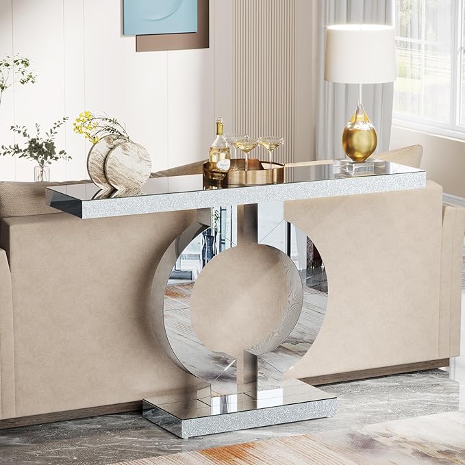 Tribesigns Modern Mirrored Console Table, Glass Sofa Table with Mirror Finish, 43-Inch Entryway Table with O-Shaped Base, Rectangular Accent Foyer Table for Living Room Hallway Entrance (Silver)