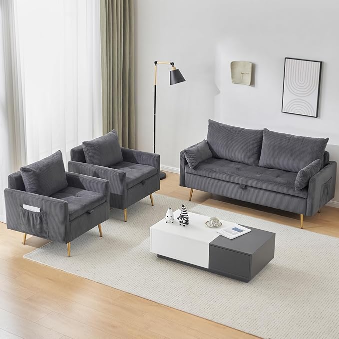 Furnimart 2-Seater Storage Loveseat for Small Spaces, 62“ Corduroy Couch with Removable Cushion Cover and Metal Leg for Bedroom, Apartment, Tiny Homes and Lofts, Gray