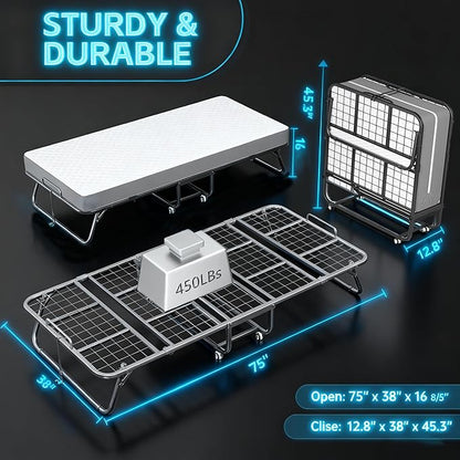 Pataku Folding Bed with Mattress, Twin Foldable Bed, Roll Away Beds for Adults, 75" x 38" Roll Away Portable Beds with 5" Mattress, Folded Frame for Small Apartment, Guest Room
