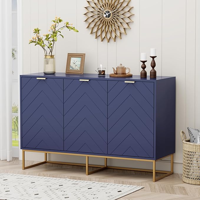 Scurrty 31.5'' Navy Blue Sideboard Cabinet, 3-Door Buffet with Adjustable Shelf & Herringbone Design, Versatile Storage Cabinet for Kitchen, Living Room & Entryway