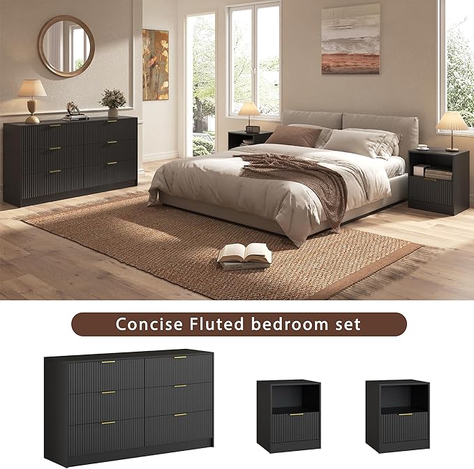 3-Piece Modern Bedroom Furniture Set, Wide 6-Drawer Dresser & 1-Drawer Nightstands Set of 2, Natural Wood Dresser and Nightstand Sets for Bedroom, Hallway, Black