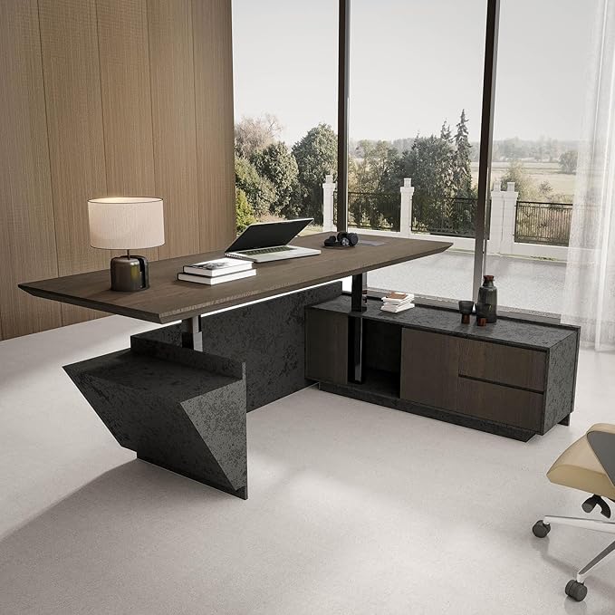86.6" Adjustable Height L-Shaped Executive Desk with LED Light Strip - Black Inverted Trapezoid Design, Includes Storage Cabinet with Drawers & Doors, Ergonomic Standing Office Desk for Home & Office