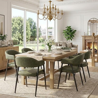 HNY Modern Dining Room Arm Chairs Set of 4, Green Retro Faux Leather Upholstered Barrel Dining Chairs with Arms Mid-Century Accent Chair with Metal Legs, Open-Back Kitchen Side Chairs for Living Room