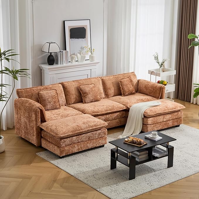 112" U Shaped Modular Sectional Sofa, 3 Seater Comfy Cloud Couch with Movable Ottoman, Deep Seat Couches for Living Room, Bedroom,Apartment (Orange)