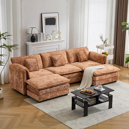 112" U Shaped Modular Sectional Sofa, 3 Seater Comfy Cloud Couch with Movable Ottoman, Deep Seat Couches for Living Room, Bedroom,Apartment (Orange)