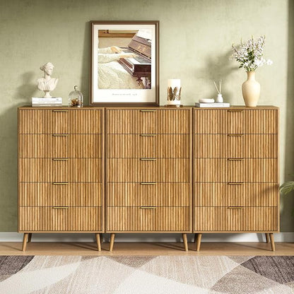 CARPETNAL Fluted 5 Drawers Dresser for Bedroom, 45" Tall Wooden Chest of Drawers with Rounded Corners, Gold Handles, Modern Storage Organizer for Bedroom, Hallway (Walnut)