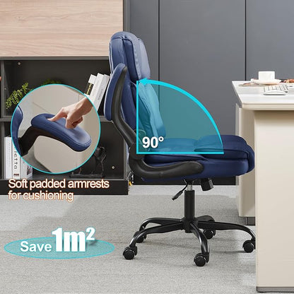 Office Desk Chair,Mid Back Executive Leather Chair,Ergonomic Home Computer Chair,Modern Conference Room Chairs with Adjustable Flip-Up Arms and Rocking Function (Navy Blue)