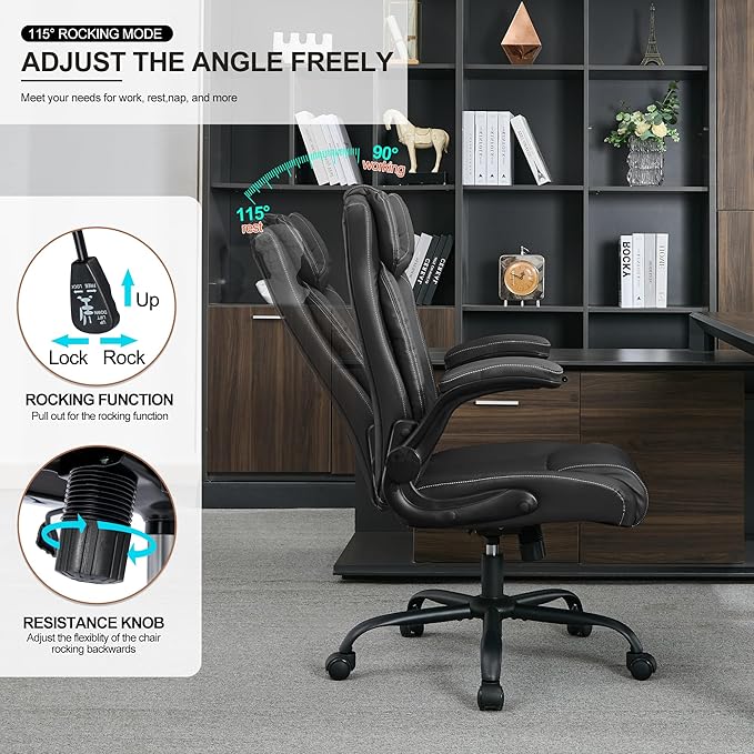 Office Desk Chair,Ergonomic Conference Room Chairs,Mid Back Executive Leather Chair,Comfy Computer Desk Chairs with Adjustable Flip-Up Arms and Rocking Function (Black)