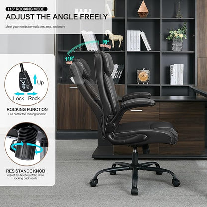 Office Desk Chair,Ergonomic Conference Room Chairs,Mid Back Executive Leather Chair,Comfy Computer Desk Chairs with Adjustable Flip-Up Arms and Rocking Function (Black)