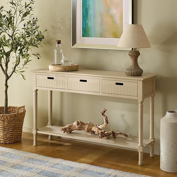 SAFAVIEH Home Collection - Landers Sand Console Table with 3 Basket Drawers and 1 Shelf, Farmhouse Accent Entryway Table (CNS5711G)