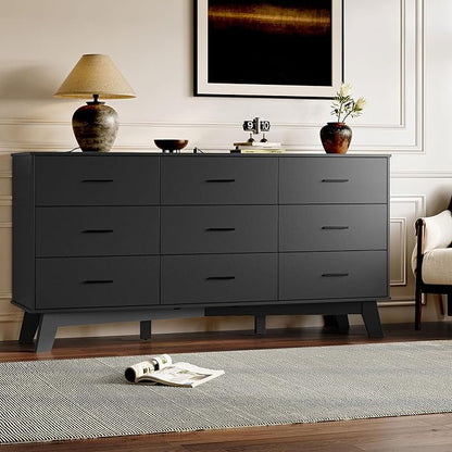 Dresser for Bedroom with 9-Drawer, 59" Wide Modern Chest of Drawers with Metal Handles, X-Shape Base & Adjustable Center Leg, Anti-Tip Closet Organizers and Storage
