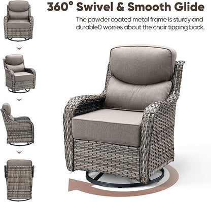 Swivel Patio Chairs Sofa Set of 4 with 6" Thick Cushion - Wicker Outdoor Swivel Rocker Patio Chair with Side Table, High Back Comfortable Outdoor Glider Chairs Grey Wicker Grey Cushions