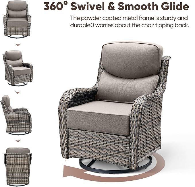 Swivel Patio Chairs sofa Set of 6 with 6" Thick Cushion - Wicker Outdoor Swivel Rocker Patio Chair ,Sofa/Glass coffee table, High Back Comfortable Outdoor Glider Chairs - Gery Wicker | Gery Cushions